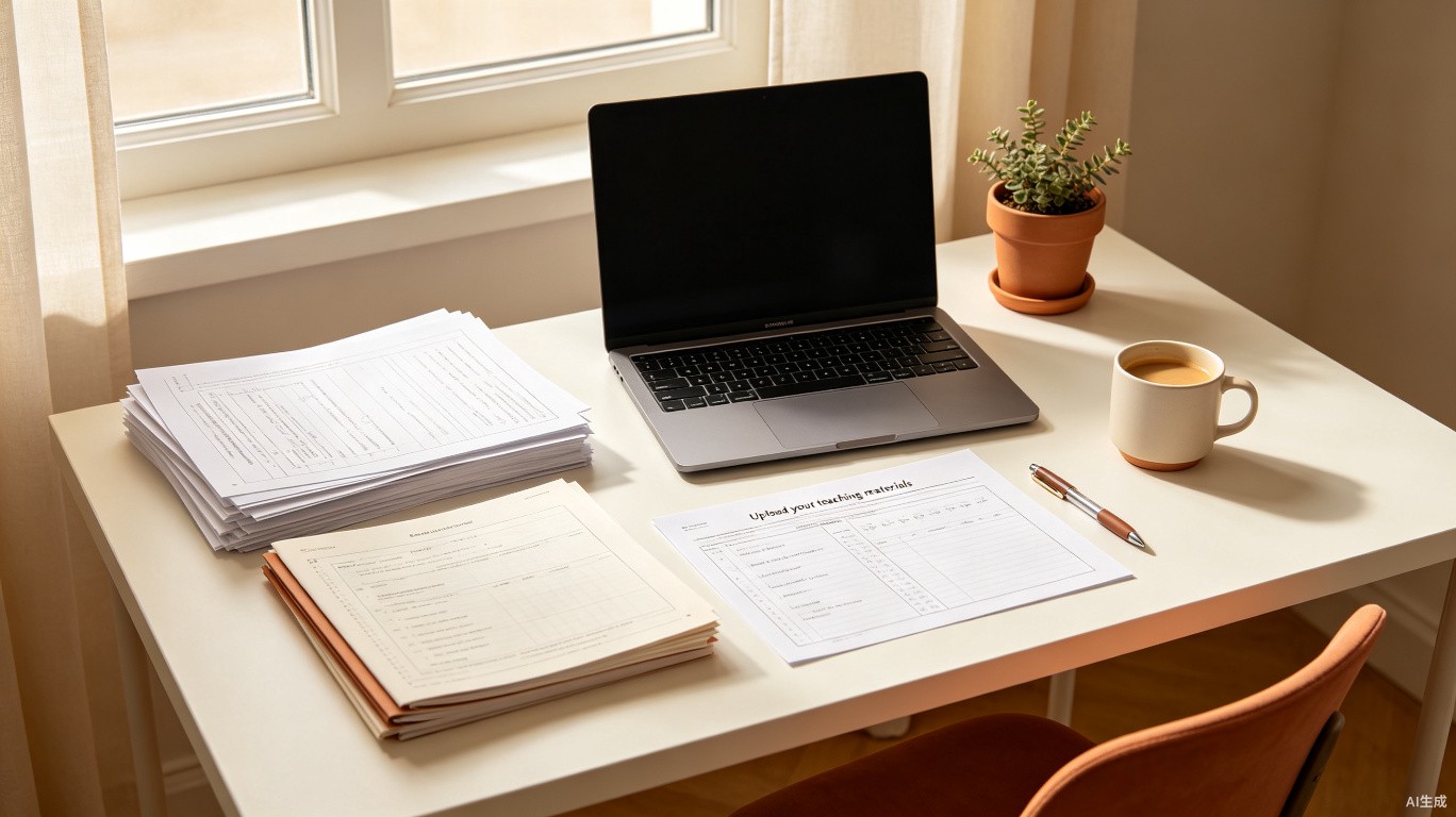 Teacher desk with laptop and worksheets